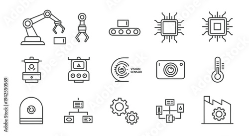 Linear icons depicting industrial automation robotics and technology silhouette high quality professional