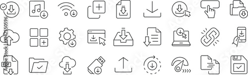 Download set of web icons in line style. Upload and Download linear icon collection. Containing arrow, link, folder, download file, cloud storage, web button.