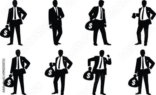 Silhouette collection of businessmen with and without money bags, finance artwork illustration, corporate success design inspiration, economic concept set