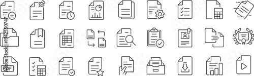 Document set of web icons in line style. Documents linear icon collection. Containing contract papers, folder, certificate, accept, approved, clipboard, invoice, archive and more.