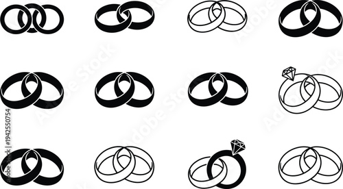 Wedding rings icon set in black and white outline style featuring engagement ring with diamond, interlocking bands symbolizing love, marriage, and commitment