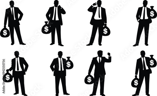 Silhouette collection of businessmen with money bags, finance artwork illustration, corporate success design inspiration, economic prosperity icon set
