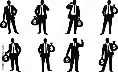 Silhouette collection of businessmen with money bags, finance artwork illustration, corporate success design inspiration, economic prosperity icon set
