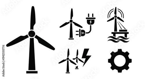 Black wind turbine icons with energy symbols a ship and gears silhouette