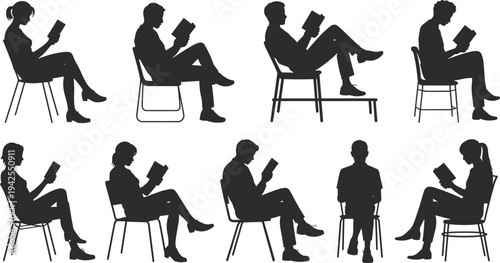 Silhouette collection of people reading books, leisure activity artwork illustration, education and knowledge design inspiration, lifestyle icon set