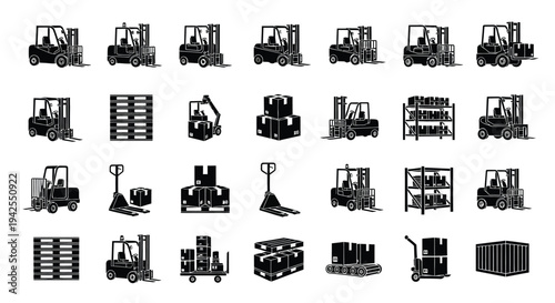 Collection of logistics icons including forklifts pallets and boxes silhouette