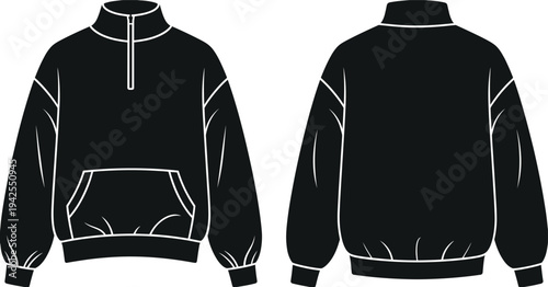 Technical flat sketch of pullover sweatshirt, fashion design illustration, garment construction details, apparel production blueprint, clothing industry icon