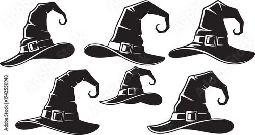 Collection of Black Witch Hats with Curved Tips and Belts