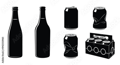 Collection of beverage containers in black including bottles and cans silhouette