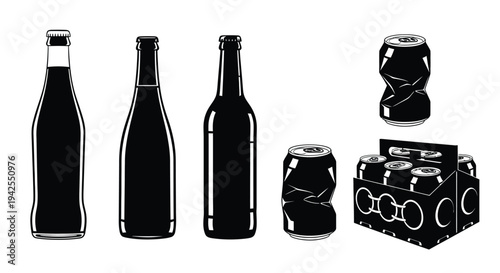 Various beverage containers depicted in a striking black silhouette high quality