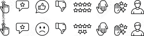 User feedback icons, rating stars, thumbs up, thumbs down, review bubble, handshake symbol, satisfaction levels, quality indicator, digital UI