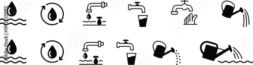 Water and sustainability icon set, conservation and recycling artwork illustration, irrigation and purification design inspiration, environmental symbols collection