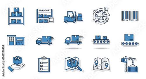 Logistics and supply chain icons depicting warehousing shipping and delivery silhouette