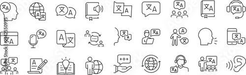 Language set of web icons in line style. Translation and communication linear icon collection. Containing translate, writing, speech, speaking, dictionary, text, language.