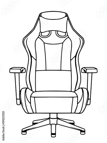 “Black and white line art illustration of a modern gaming chair with high backrest, headrest cushion, armrests and rolling base, clean outline vector style, isolated on white background, coloring book