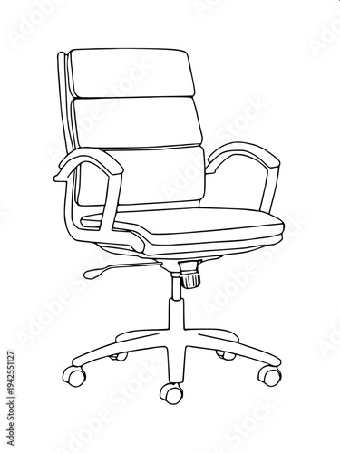 “Black and white line art illustration of a modern gaming chair with high backrest, headrest cushion, armrests and rolling base, clean outline vector style, isolated on white background, coloring book