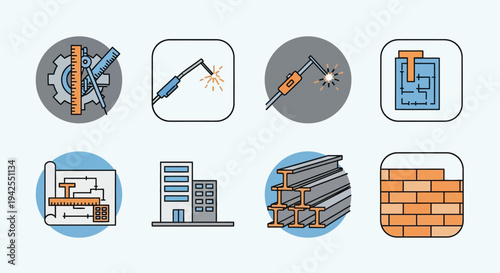 Industrial icons depicting construction engineering and manufacturing processes silhouette