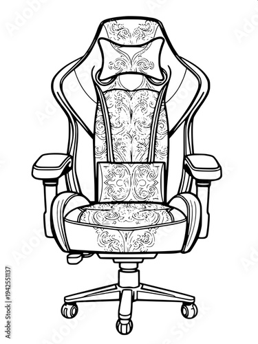 “Black and white line art illustration of a modern gaming chair with high backrest, headrest cushion, armrests and rolling base, clean outline vector style, isolated on white background, coloring book