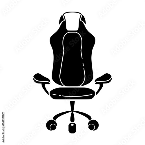 “Black and white line art illustration of a modern gaming chair with high backrest, headrest cushion, armrests and rolling base, clean outline vector style, isolated on white background, coloring book