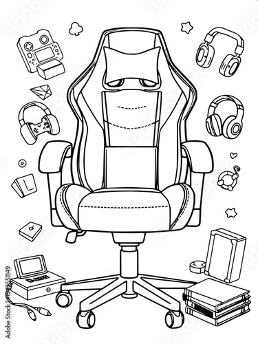 “Black and white line art illustration of a modern gaming chair with high backrest, headrest cushion, armrests and rolling base, clean outline vector style, isolated on white background, coloring book