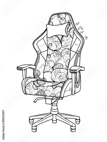 “Black and white line art illustration of a modern gaming chair with high backrest, headrest cushion, armrests and rolling base, clean outline vector style, isolated on white background, coloring book