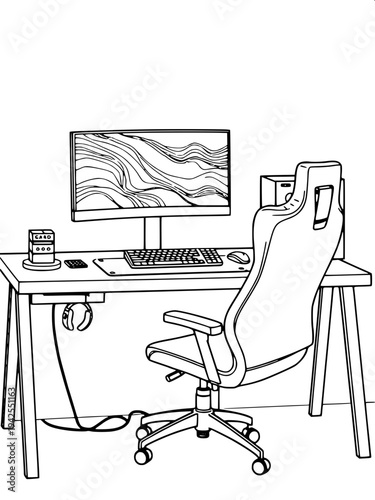 “Black and white line art illustration of a modern gaming chair with high backrest, headrest cushion, armrests and rolling base, clean outline vector style, isolated on white background, coloring book