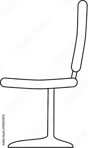 “Black and white line art illustration of a modern gaming chair with high backrest, headrest cushion, armrests and rolling base, clean outline vector style, isolated on white background, coloring book