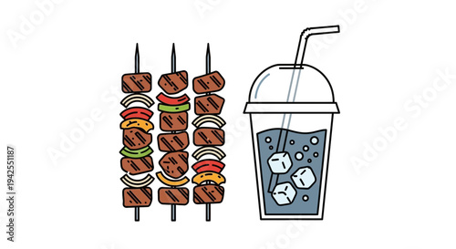 Delicious skewers and cold drink on a summer day