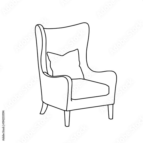 “Black and white line art illustration of a modern gaming chair with high backrest, headrest cushion, armrests and rolling base, clean outline vector style, isolated on white background, coloring book