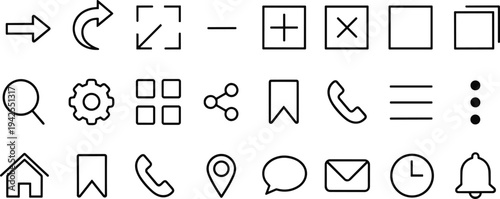 Universal user interface icon set in outline style featuring navigation, communication, settings, and multimedia symbols for web design, mobile apps, and digital interfaces