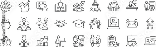 Training Web Icon Set. Collection of workshop, line icons, including coaching, meeting, education, conference, mentoring, teamwork, presentation, seminar and more.