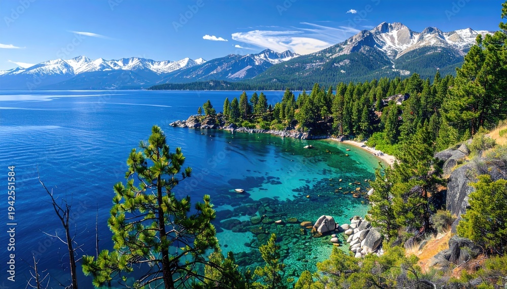 Fototapeta premium Scenic alpine lake, turquoise cove, pine trees, and snow-capped mountains