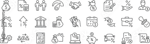 Loan set of web icons. Loan and Credit linear icon collection. Containing loan, money, credit rating, business, leasing, interest, calculator, income, banking and more