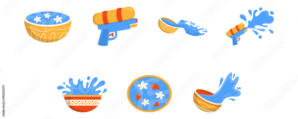 Naklejka premium Bowl of Water, Water Gun, Water Splash Songkran Festival Illustration. Vector isolated