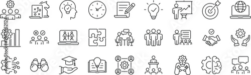 Workshop set of web icons in line style. Business Workshop icons for web and mobile app. Containing team building, teamwork, coaching, meeting, managing, coaching, motivation