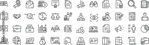 Accounting set of web icons. Accounting and audit icons for web and mobile app. Containing finance report and audit, invoice, tax return, accounting, auditing, inspection