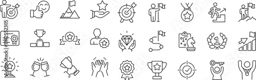 Business goal Web Icon Set. Collection of Success Linear Icons, Including process, target, aim, focus, human resource, strategy, winner, action plan, strategy