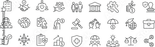 Social policy Web Icon Set. Collection of Social services Linear Icons, Including, healthcare, family, education, protection, law, insurance, healthcare, reform