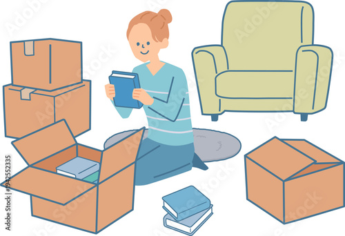 部屋で引っ越し準備をする女性のイラスト