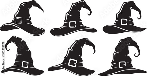 Collection of black witch hats for Halloween decoration use