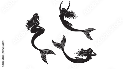 Mermaids black silhouette set in dynamic poses with flowing hair and detailed fishtails, on white background.