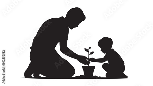 Silhouette of a father and son planting a small sapling in a pot, symbolizing growth and family bonding in nature.