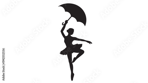 Silhouette of a ballerina in a pointe pose holding an open umbrella above her head on a white background