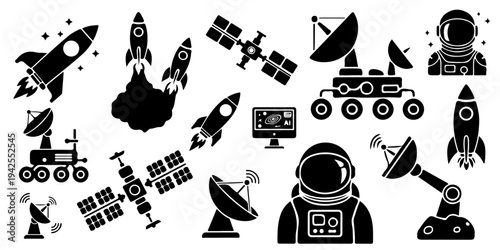 Large set of space exploration and astronomy silhouettes, including rockets, satellites, moon rovers, astronauts, lunar probes, and satellite dishes isolated