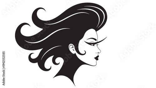 Silhouette of a woman with dramatic voluminous hair and striking makeup, designed in a bold black and white style.