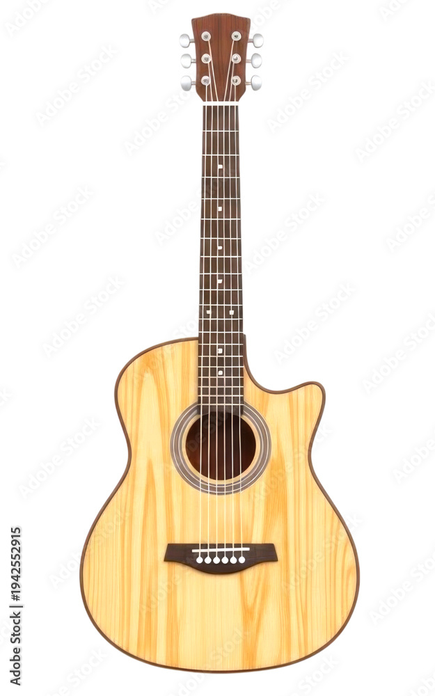 Obraz premium 3D Acoustic Guitar Cutout Isolated on Transparent Background, High Detail Musical Instrument PNG, Realistic Cartoon Style isolated transparent bg, cutout PNG