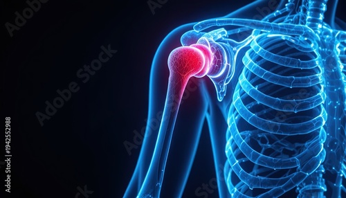 Shoulder injury highlighted in red on human skeleton