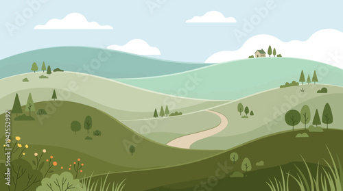Illustration of rolling green hills with trees, a winding dirt road, and wildflowers under a blue sky with fluffy white clouds.