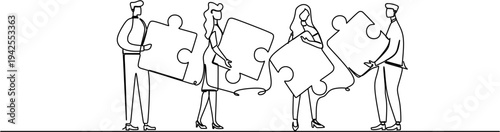 Continuous one line drawing of business team holding giant puzzle pieces cooperation and partnership concept minimalist vector illustration