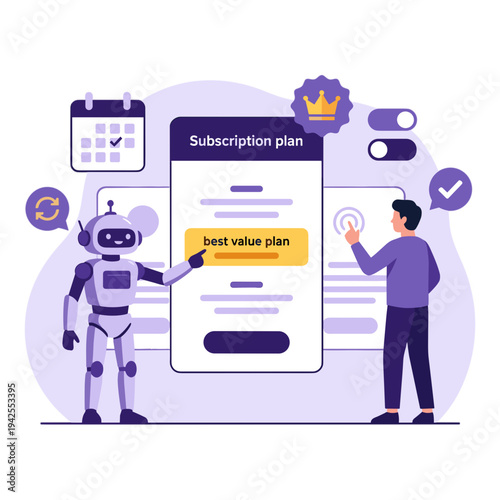 A robot and a man interact with a large smartphone displaying a subscription plan.